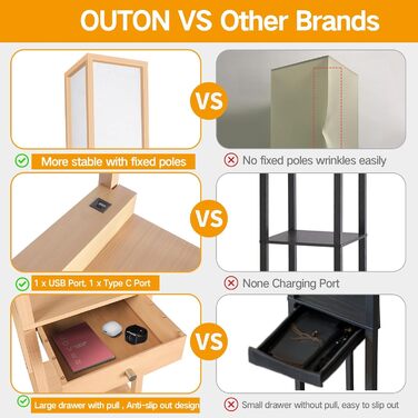 LED торшер OUTON з полицею та шухлядою, 3 режими кольору, таймер 1год, 2 USB-порти, для вітальні, спальні, офісу (дерево)