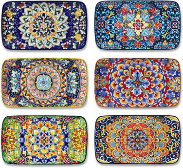 Vancasso Serving Plates, Porcelain, SIMI Rectangular Plate Set, 6-Piece Bohemian Dinner Plates, Dessert Plates for 6 People, 24.7 x 14.2 x H 3.1cm