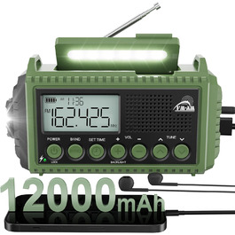 Радіо на батареї 12000mAh | Радіо з ручкою та сонячною панеллю | AM/FM/SW, SOS, USB-C | Водонепроникне IPX4, ліхтарик, для кемпінгу та відпочинку на природі
