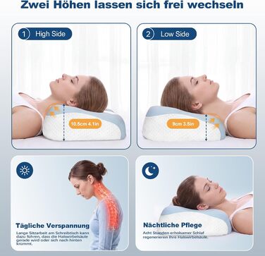 Ергономічна подушка для шиї VYLEE з ефектом пам'яті (Memory Foam), форма-метелик для сну на боці, спині та животі, 55.5 x 31 см, синьо-біла