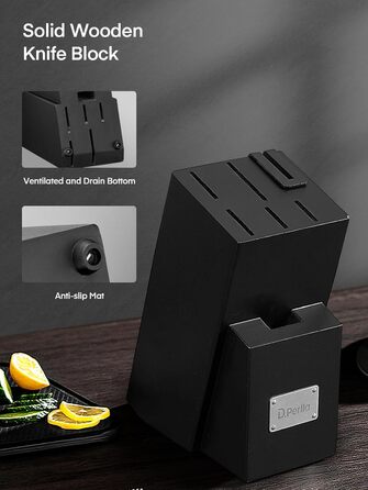 D.Perlla Self-Sharpening Knife Block Set - 7 Piece Stainless Steel Knife Set with Plastic Handle & Wooden Block - Professional Kitchen Knife Set, Black