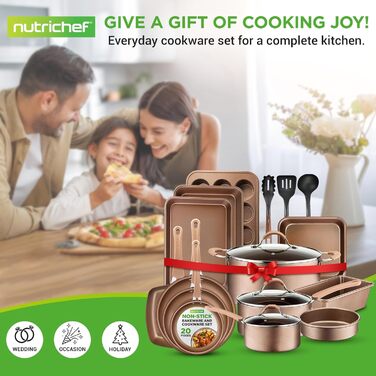NutriChef 20-Piece Cookware Set - Non-Stick / Induction Pots & Pans Set / PFOA/PFOS-Free / Includes Frying Pans, Pots, Round Cake Pan, Loaf Pan, Roasting Pan, Muffin Tin - Shiny Gold