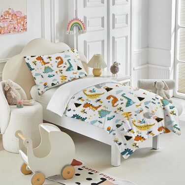 Комплект постільної білизни для ліжечка DJDEA для хлопчиків з динозаврами, 100x135 см, мікрофібра, 2 шт. (простирадло 100x135 см + наволочка 40x60 см)