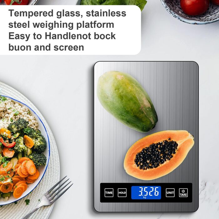 Кухонні ваги GRAM: цифрова вага для приготування їжі та випічки, 10 кг, з таймером та функцією утримання, точність 1 г, з нержавіючої сталі та загартованого скла