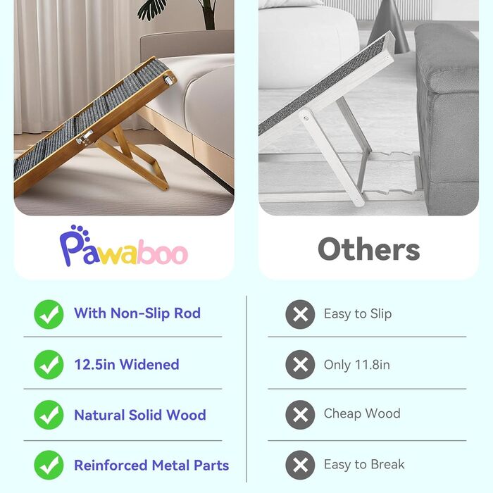Pawaboo Рампа для собак, дерев'яна, регульована висота, до 143lbs, 80x30см, горіх
