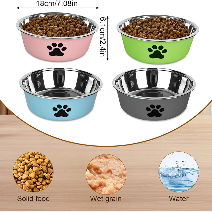 Набір з 4 мисок для собак з нержавіючої сталі з неслизьким силіконовим дном, 900 мл, для корму та води (зелений, сірий, блакитний, рожевий)