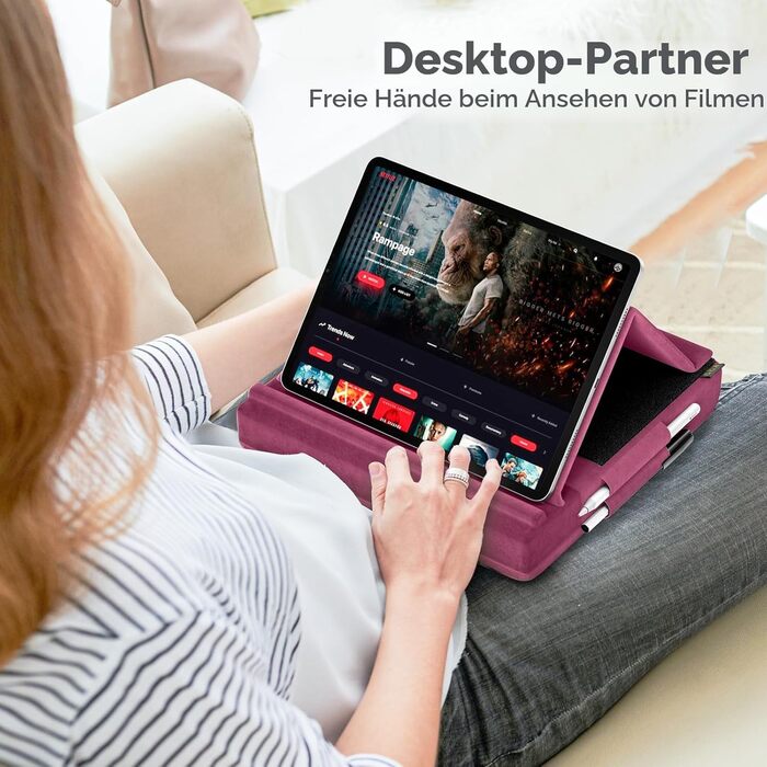 Підставка-подушка для планшета та смартфона KDD, складна тримач для ліжка з регульованим кутом нахилу та тримачем для стилуса, підставка для iPad Pro 12.9, 11, Air, Mini та електронних книг (Фіолетова)