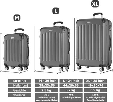 Набір валіз Merish 3 шт. з жорстким корпусом та подвійними колесами, 9 кольорів (чорний, синій, XL)