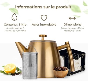 Teapot | Stainless Steel 1L | Teapot with Infuser | Stainless Steel Teapot | Stove for Teapot | Teapot with Stove | Tea Maker | Double-Walled (Gold)