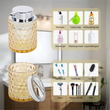 Pink bathroom accessory set made of glass, including a toothbrush holder, soap dispenser, and cup, foaming soap dispenser and toothbrush holder, 3 pink bathroom cups for brush, toothpaste (amber and silver).