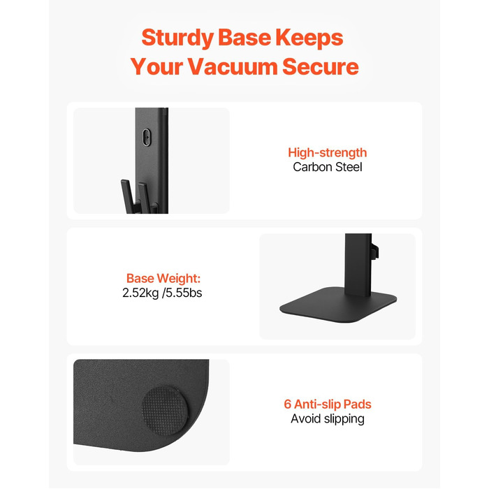 Підставка для пилососа VEVOR 126 см, сумісна з Dyson G5 V15 V12 V11 V10 V8 V7 V6, з аксесуарами, 6 гачків, неслизькі підкладки, срібна (чорна платформа)