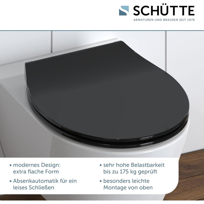 Слімова сидіння для унітаза SCHÜTTE SLIM з мікроліфтом (м'яке закриття), Duroplast, чорний колір, витримує до 175 кг