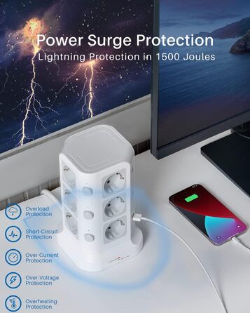 Стедова колонка KOOSLA з 12 розетками, захистом від перенапруги (4000W/16A) та 6 USB, 5м, білий - для офісу, кухні, столу