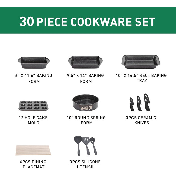 Kitchen Academy 30-Piece Induction Cookware Set with Glass Lids and Granit Coating, including Frying Pans and Pots (Black)