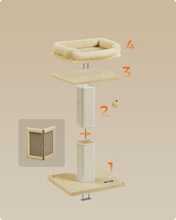 Feandrea Cat Tree, Cat Tower with 40 x 30 cm Plush Platform, Scratching Post, Cat Scratching Tree, 71 cm High, Sisal-Wrapped Scratching Post, 45 x 40 cm Base, with Plush Ball, PCA022W01 (Beige)