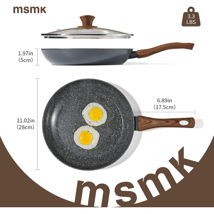 Сковорода керамічна антипригарна MSMK 28 см з кришкою та лопаткою, для газових та індукційних плит, з дерев'яною ручкою, без PFOA