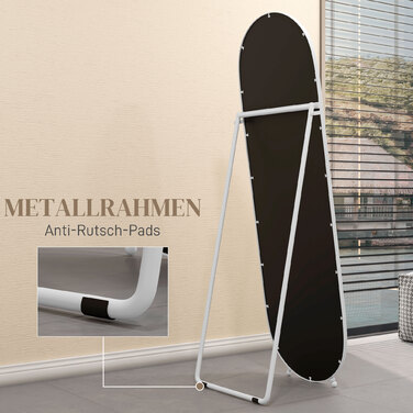 HOMCOM Full Length Mirror, 160 x 40 cm Wall Mirror with Stand, Metal Frame, Oval Standing Mirror for Living Room, Bedroom, White | Aosom
