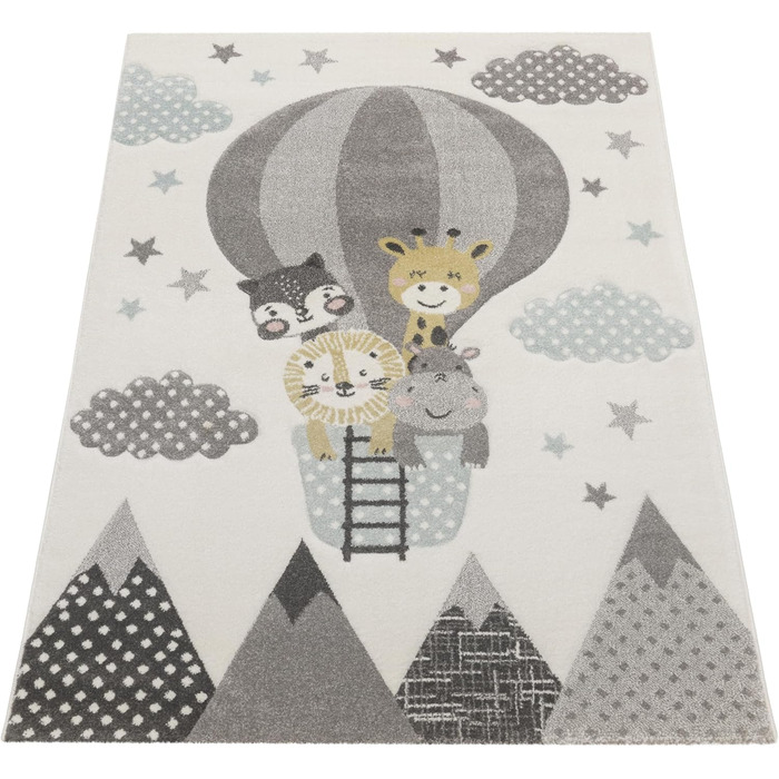 Paco Home Rug Children's Room Boy Girl Kids Rug Play Rug Short Pile 3D Optics Mountains Stars Clouds Animals Cream Gray Blue Yellow, Size: 160x230 cm 160 x 230 cm (Rectangular) Cream