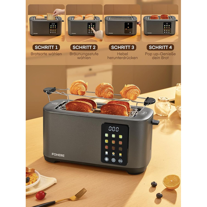Тостер на 4 підсмажувальні слоти, 1400W, нержавіюча сталь, довгі слоти, 9 режимів підсмажування, 3 види хліба, функція відключення, розморожування та підігріву, сенсорне керування, з насадкою для бутербродів (сірий)