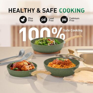 Kitchen Academy 30-Piece Induction Cookware Set with Glass Lids and Granite Coating, including Frying Pans and Pots (Green)