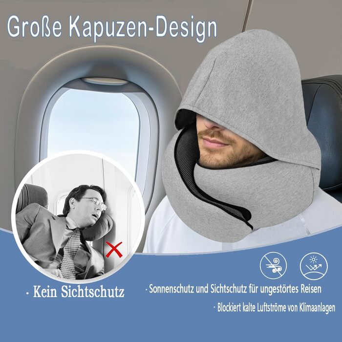 Подушка для шиї з регульованою капюшоном та 360° підтримкою шиї | Ергономічна подушка з піною з пам'яті для подорожей (літак, авто) | З чохлом для подорожей та берушами | Дихаюча та пральна (світло-сіра)