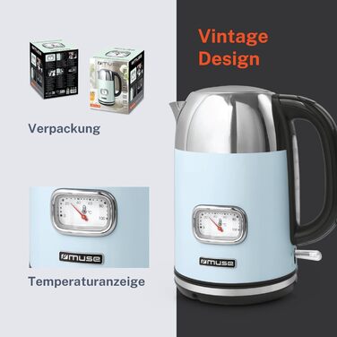 Електричний чайник зі нержавіючої сталі MUSE Retro з аналоговим термометром, фільтром, прозорою шкалою, об'ємом 1,7 л, автоматичним вимкненням, матовим золотим кольором (MS-030 BC), пастельно-блакитний колір