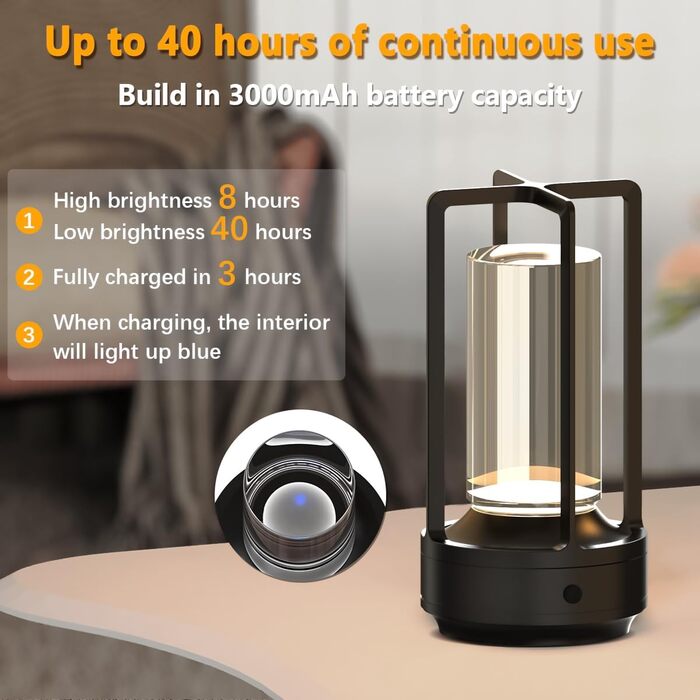 LED настільна лампа Hapfish бездротова, акумуляторна, 3000mAh, USB, з кришталем, водонепроникна, з ручкою, регульована яскравість, для ресторану, вулиці, спальні, вітальні (чорна)