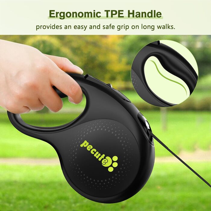 Рулетка для собак Pecute 8м, 50 кг, зелена, з антиковзним руків'ям та швидкою зупинкою