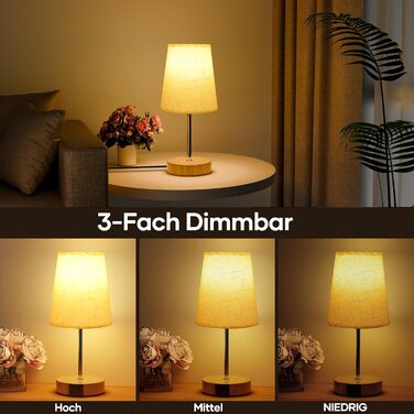 Нічна лампа Suright з торшером з льону, USB-портами A+C, регулюванням яскравості, дерев'яною основою, для спальні/вітальні (LED-лампочка в комплекті), Бежева