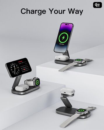 Бездротова зарядка 25W 3-в-1 з MagSafe, складана індуктивна магнітна зарядна станція для iPhone 17/Air/16/15/14/13/12, Apple Watch 10/9/8/7/6/SE/5/4/3 та AirPods Pro (з адаптером 35W), чорна