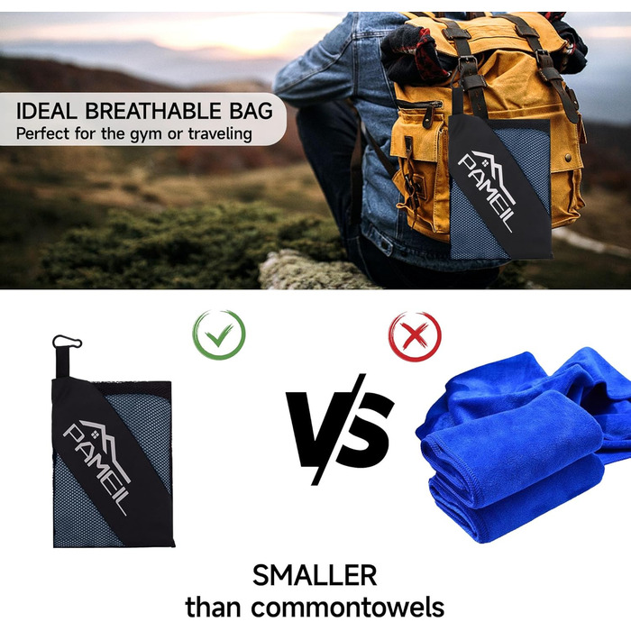 Набір рушників з мікрофібри Pameil (2 шт.) - великий (160x80 см) + маленький (80x40 см), компактні та швидковисихаючі, для спорту, подорожей, пляжу, колір морської хвилі