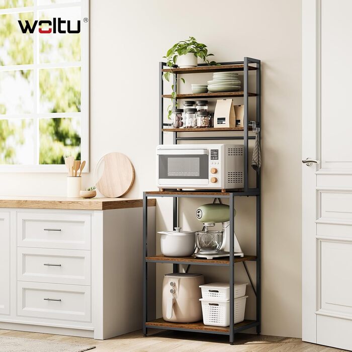 Стелаж кухонний Woltu з 6 полицями, з гачками, з металу та інженерної деревини, 60 x 167 x 40 см, рустичний коричнево-чорний