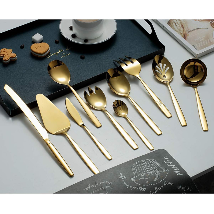 Berglander Gold Cutlery Serving Set, 10 Pieces, Stainless Steel Cutlery Serving Set with Gold Titanium Coating, Serving Spoon, Silver Serving Utensil, Rust Protection (10 Pieces)