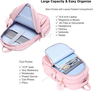 Шкільний рюкзак для підлітків, дівчаток, 3-в-1: рюкзак, ланчбокс, пенал (рожевий). Підходить для ноутбука 15.6