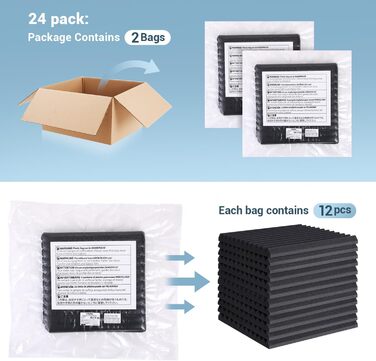 Акустичні панелі Ohuhu для звукоізоляції, шумопоглинаючий пінополістирол 30x30x2,5 см, 24 шт. — для студії, подкастів та геймінгу