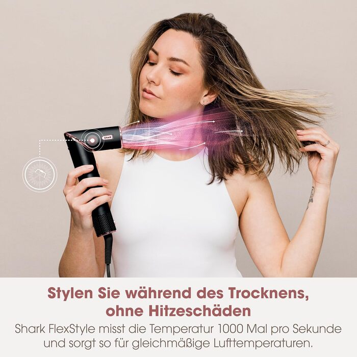 Фен Shark FlexStyle Multi: 3-в-1 для догляду за волоссям, Auto-Wrap, без пошкодження, для всіх типів волосся (чорний/рожеве золото)