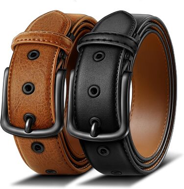 Чоловічі ремені KEMISANT 2 шт. в наборі, шкіряні, регульовані, 38 мм, 7 отворів, для подарунка, чорний/оранжево-коричневий