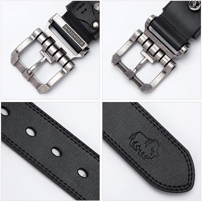 Чоловічий шкіряний ремінь BISON DENIM з надійною пряжкою: класичний, міцний, для джинсів. Довжина 115 см, підходить для об'єму талії 36-39 дюймів.