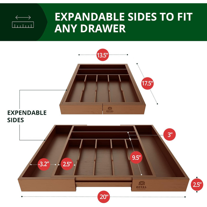 Органайзер для столових приладів ROYAL CRAFT WOOD з бамбука, 9 відділень (20x17.5 см), коричневий