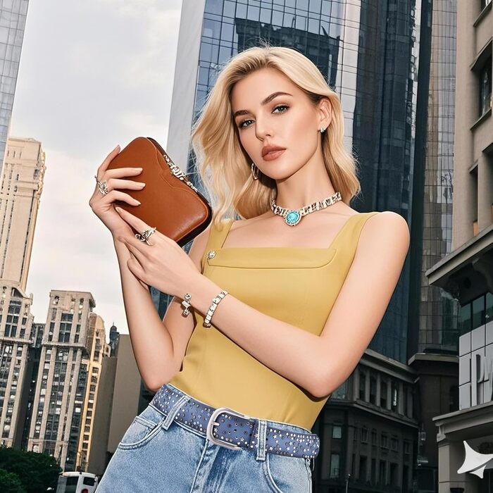 Жіночий шкіряний ремінь 110 см з зірковими застібками, ширина 3.8 см, універсальний для джинсів, суконь, штанів та шортів, регульований, вінтажний, з металевою пряжкою (синій)