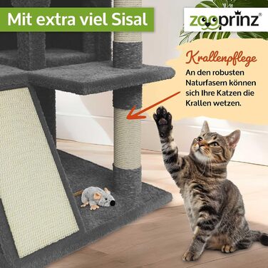 Преміум кігтеточка Zooprinz – велика XXL кігтеточка для котів, з товстими сизалевими стовпчиками, будиночком, гамаком, м'ячиками та мотузкою. Зі штучною мишкою. Когтеточка (Темно-сірий)