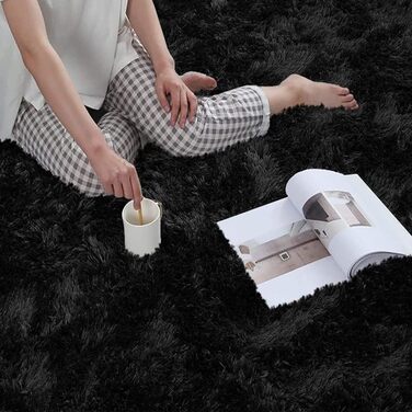 Шкіряний килим ABWXN з високим ворсом 120x160 см. Чорний, для вітальні та спальні