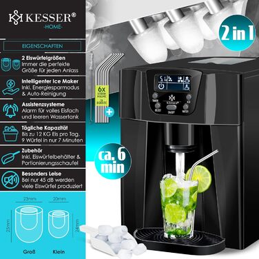 Машина для приготування льоду KESSER® з нержавіючої сталі, 100W, 12 кг/24 год, 2 розміри кубиків, 6 хв приготування, 2 л резервуар, таймер, LCD-дисплей, чорний
