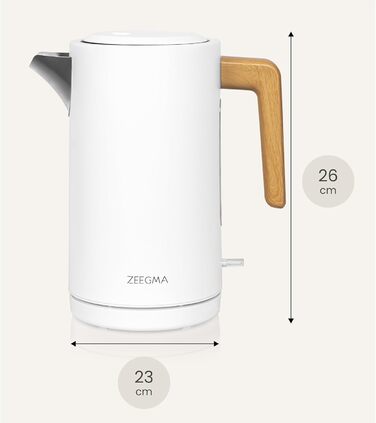 Електричний чайник ZEEGMA KETLEE 1.7L бездротовий, нержавіюча сталь, 2200W, для чаю та кави, автоматичне відключення, LED-дисплей, сучасний дизайн (білий)