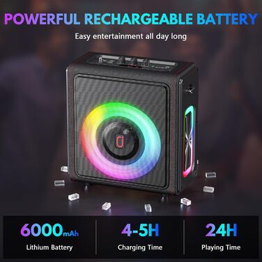 Караоке машина HWWR з 2 бездротовими мікрофонами, портативна Bluetooth 5.3 акустика з RGB-підсвіткою, PA-система для вечірок, Partybox, TWS, чорний