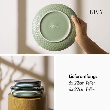 KIVY Dinnerware Set for 6 People [Scratch & Dishwasher Safe] 6x27cm + 6x22cm - Plate Set 12-Piece Modern - Dinnerware Set - Combination Service - Green Dinnerware Set - Dinner Plates - Dessert Plates - Dinnerware