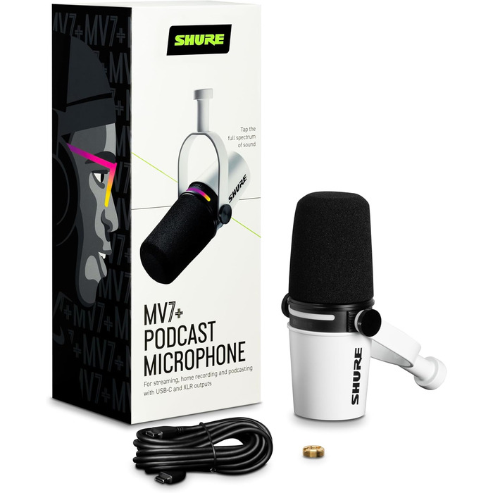 Мікрофон Shure MV7+ Gen 2 для подкастів, стрімінгу та запису – білий. USB/XLR, LED-сенсор, авто-регулювання рівня, цифровий поп-фільтр