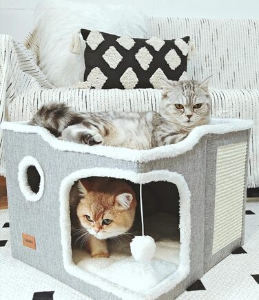 Spindro Cat Cave Cat Bed Large, Cat House Indoor Cat Sleeping Place with Removable Sherpa Cat Cushion and Hanging Toy, Cat Bed, Light Grey 42x42x33cm