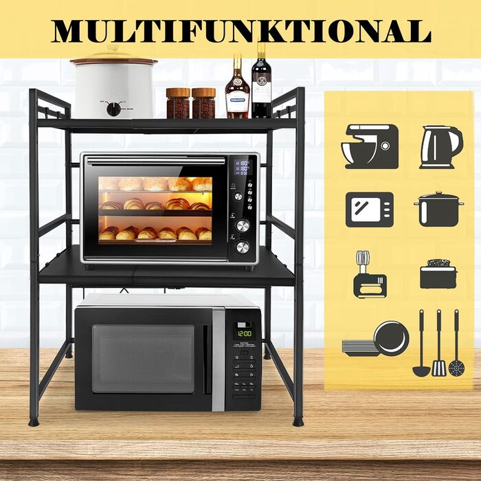Expandable Microwave Shelf with 8 Hooks, 3-Tier Microwave Stand Freestanding Shelf Microwave Holder Baker's Rack Organizer for Kitchen Countertops, Black