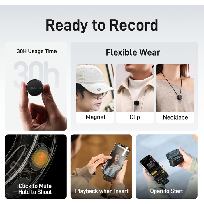 MAONO Бездротовий петличний мікрофон Wave T5 USB-C для iPhone 15/16, Android: 48kHz/24Bit, 30 годин роботи, шумозаглушення, 300м радіус дії